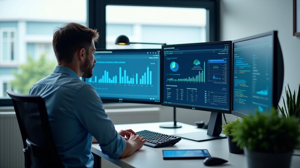 Darbinis styglas su keliais monitoriais rodant finansines ataskaitas ir integracijos sistemą